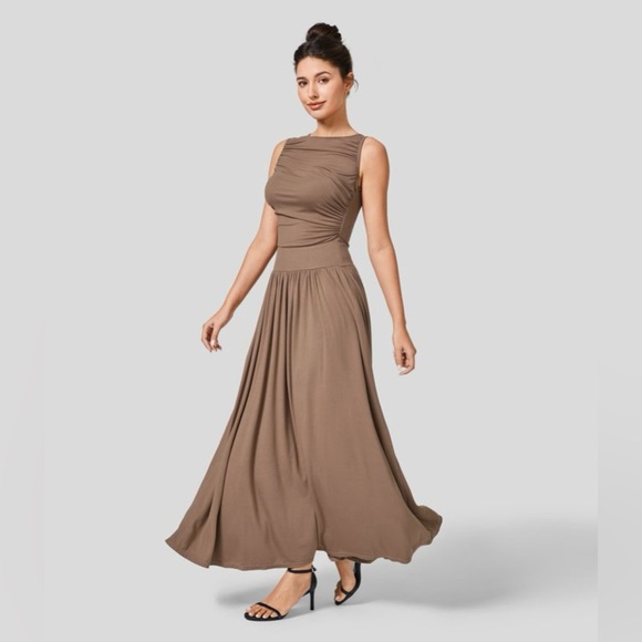 Halara Brown Boat Neck Ruched Side Pocket Flowy Maxi Casual Dress | NEW!!🤎🤎 - Picture 1 of 10